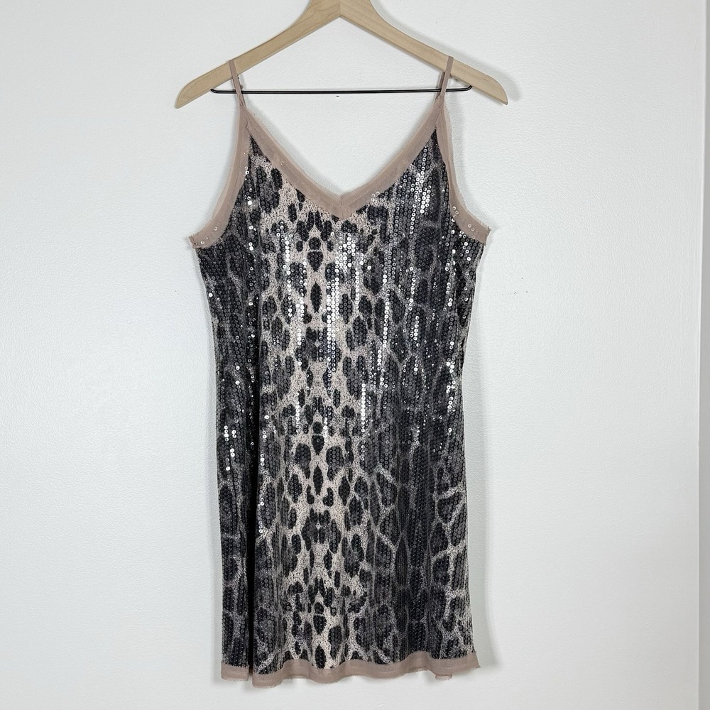 Entro Womens Sequin Animal Print Mini Slip Dress M Tan Black Going Out Y2K Glam